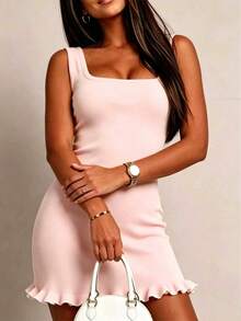 Summer Casual Lemon Yellow Ribbed Knit Fitted Mini Dress, Ruffle Hem, Elegant Women's Sleeveless Square Neck A-Line Dress, Suitable For Party,Vacation - Baby Pink - View 7