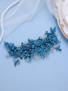 Elegant Black Metal Wire Blue Crystal Leaf Bridal Hair Comb, Handmade Rhinestone Beaded Hair Accessory, Wedding Hair Ornament, Suitable For Bride, Bridesmaid, Prom - Blue - View 2