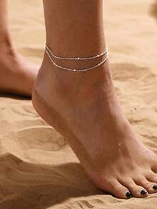 2pcs/Set Stackable Sparkling Beaded Minimalist Women's Anklets, Suitable For Daily Wear, Beach Vacation, Gift Giving - Silver - View 2