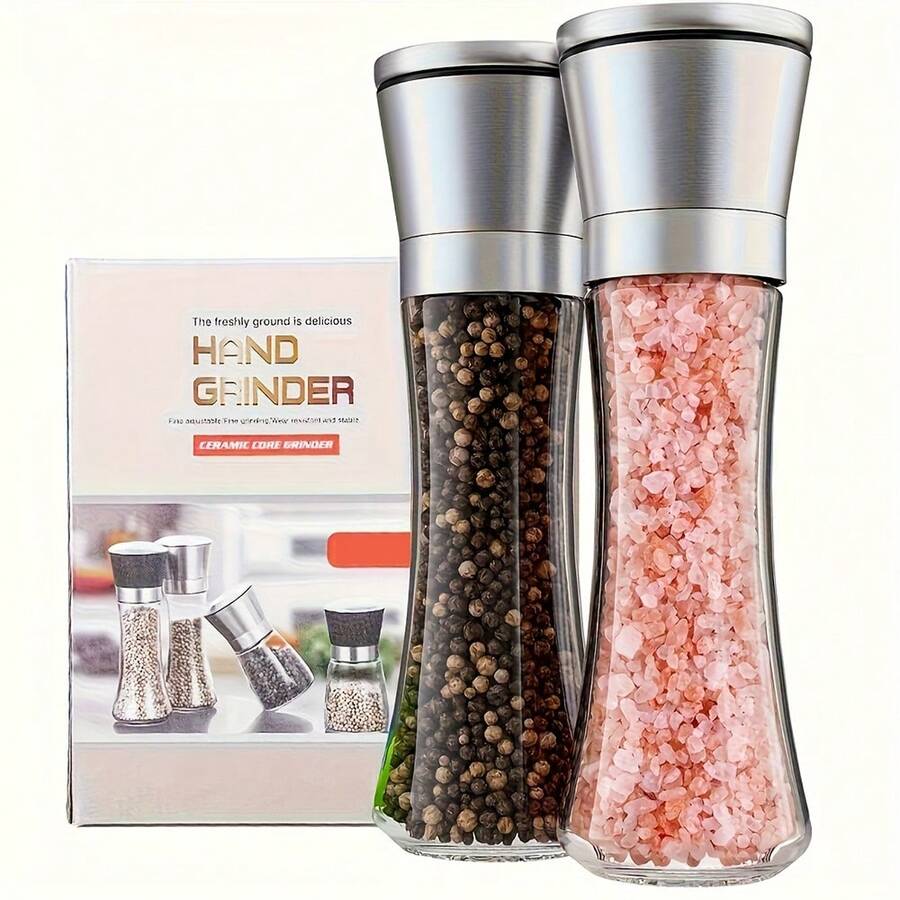 2件套不锈钢盐和胡椒研磨器套装 - 可调节陶瓷 - 高品质玻璃盐和胡椒研磨器 - 这款优雅实用的研磨器套装可以提升您的烹饪体验，为您的厨房增添风味。