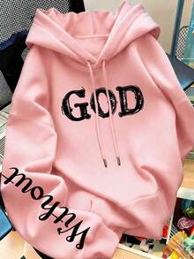 Letter Print Pattern Sweatshirt, Plus Size Women's Casual Autumn/Winter Hooded Sweatshirt. Pink - Pink - View 4