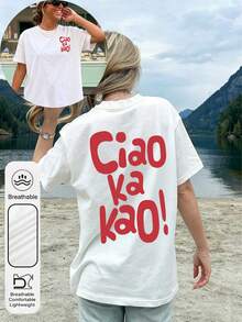 Plus Size Women "Ciao Ka Kao!" Letter Graphic Round Neck Short Sleeve Casual Minimalist Summer White T-Shirt - White - View 2
