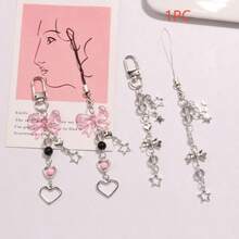 1pc Y2K Fashion Heart Pink Bead Bow Lanyard Phone Strap Keyring Pendant Phone Charm Black Cord Beaded Keychain Hollow Star Keyring Decor For Phone Key Bag - Multicolor - View 1