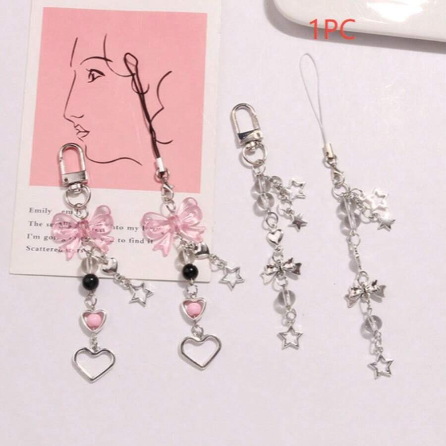 1pc Y2K Fashion Heart Pink Bead Bow Lanyard Phone Strap Keyring Pendant Phone Charm Black Cord Beaded Keychain Hollow Star Keyring Decor For Phone Key Bag - Multicolor - View 1