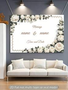 Customizable Name & Date Minimalist Wedding Theme Personalized White Floral Pattern Design, Suitable For Wedding Party Backdrop, Bridal Gift And Photography Background Decor, PVC Banner - A - View 3