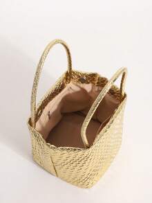 SCULPTEDSTYLE BAGS 1個裝高級純色PU壓紋編織格紋水桶手提包，百搭編織紋理翼型手提包，時尚簡約優雅多功能經典編織PU材質多造型包，適合通勤、辦公、約會、日常購物、下午茶等 - 金色 - 查看 8