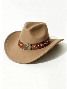 1pc Unisex Western Cowboy Hat, Felt Hat, Riding Hat, Summer Sun Protection Hat, Simple And Stylish. Suitable For Daily Wear, Parties, Outdoor Riding, Western Theme Events, Cosplay, Music Festivals And More. - Blue Pearl Brown Leather Top Hat - View 13