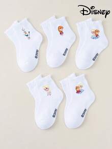 Disney 1/5 Pairs Frozen Black Double Stripe White Mid-Calf Socks, Girls' Short Socks, Soft Comfortable Breathable, Non-Slip Boat Socks, Cute Casual Style, Suitable For Daily Wear/Party Gift/Easter/Summer, Multi-Color Socks, Blue Series Socks, Cartoon Fun, Simple Versatile Gift Socks, Girls' Student Sports Short Socks - White - View 6
