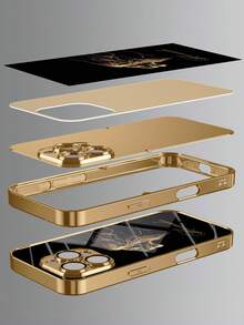 1pc DIY Customized Personalized Name Black & Gold Luxury Line Lion Head Pattern High-Definition Electroplated Gold Glass Phone Case Compatible With IPhone 17/17Pro/17ProMax/17Air/16/16Pro/16ProMax/16Plus/15/15Plus/15Pro/15Promax/14/14Pro/14Promax/13/12/11/XRMax/8/7/6Plus, Full Coverage, Beautiful & Gorgeous, Protective Cover - Gold - View 4