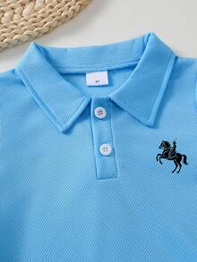 Purechapter Boys' Casual Sports Quick-Dry Solid Color Pony Pattern Polo Collar Button Shorts Set, Summer - Baby Blue - View 4