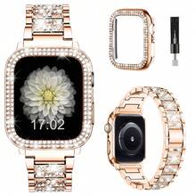 3件組，相容於Apple Watch錶帶，附螢幕保護殼，珠寶替換錶帶，尺寸49mm、46mm、45mm、44mm、42mm、41mm、40mm、38mm。適用於I-Watch Series 10/9/8/7/6/5/4/3/2/1/SE，適合手腕周長5.5-7.1英吋的女性。 - 玫瑰金 - 查看 3
