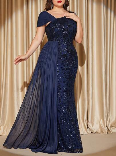 Voworia Vestido de gala maxi vintage de alta calidad con elástico y talla grande, elegante, con bordado de lentejuelas, parches, cuello asimétrico, flecos, volantes, cuentas y diseño de sirena para cóctel, boda, aniversario, ocasión formal, novia de lujo y vestido de madre (muy decorado)