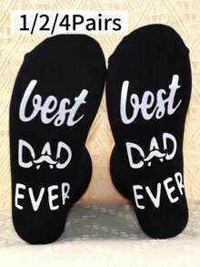 1/2/4 Pairs Men's Socks With "Best Dad" Text, Letter Pattern Printed On Sole, Funny Gift Socks - Black - View 1