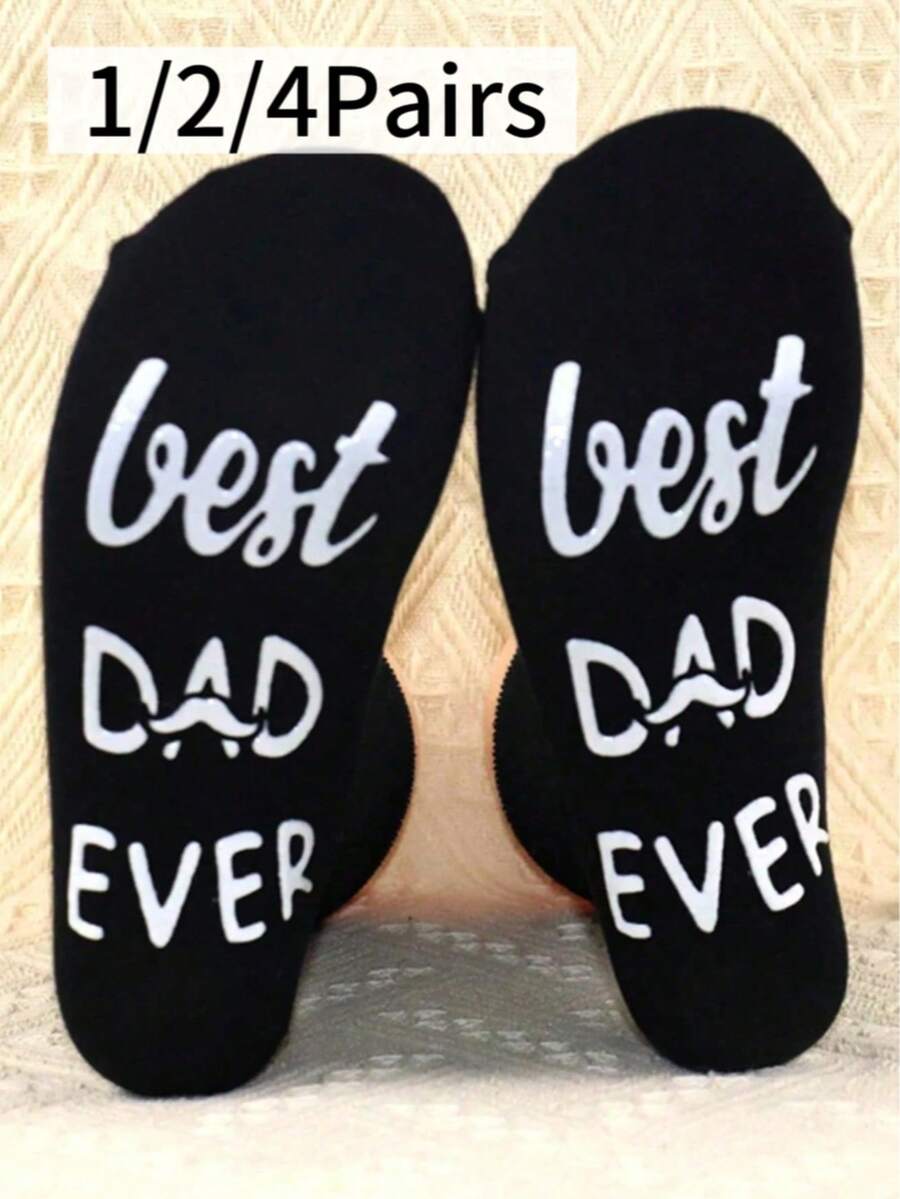 1/2/4 Pairs Men's Socks With "Best Dad" Text, Letter Pattern Printed On Sole, Funny Gift Socks - Black - View 1