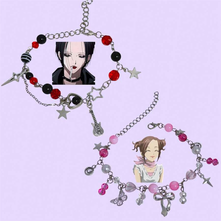 Nana Hachi And Nana Osaki Couple Bracelet - Kawaii Couple And Friendship Bracelet With Beads And Charm. - 粉紅色和紅色 - 查看 1