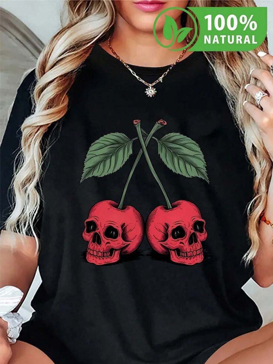 Camiseta de moda urbano con diseño exclusivo de calaveras cereza estilo roca alternativa para mujer joven y rebeldé es Éxico ideal para brillar es conciertos y eventos casuales estilo único - Negro - Ver 1