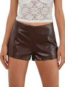 Womens Mini PU Leather Shorts Casual Stylish Solid Color Zip Side Mid Rise Shorts For Daily Life Party And More - 巧克力棕 - 查看 6