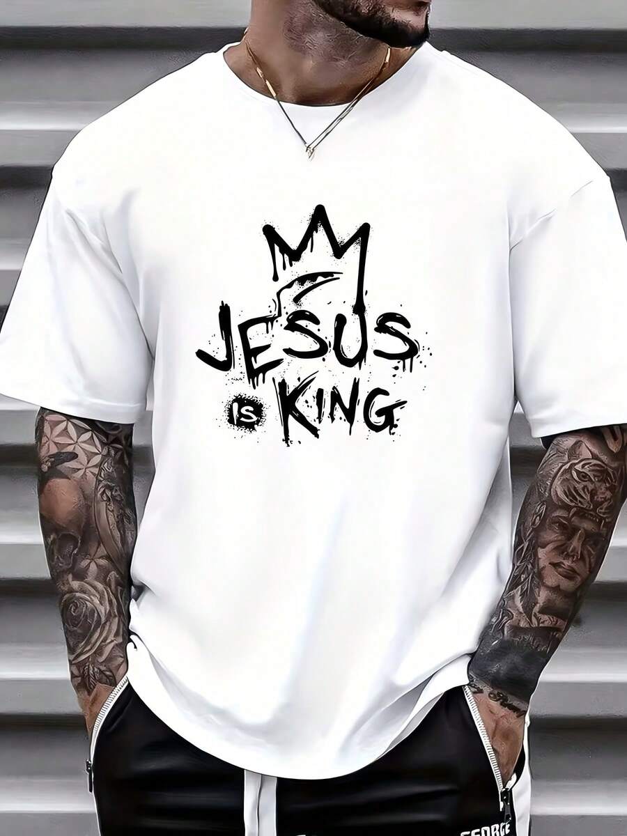 2026 playeras de hombreCamiseta gráfica Is King de 180G para hombre - Camiseta casual de manga corta para hombre, perfecta para conjuntos de verano, moda religiosa, estilo streetwear, ajuste - Blanco - Ver 1