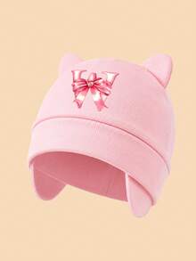 1PC Newborn Pink Cat Ear Beanie, Bowknot A-Z Letter Print Ear Protector Baby Hat, Soft Breathable Hospital Cap, Suitable For Baby Daily Rest And Sleep - Pink - View 12