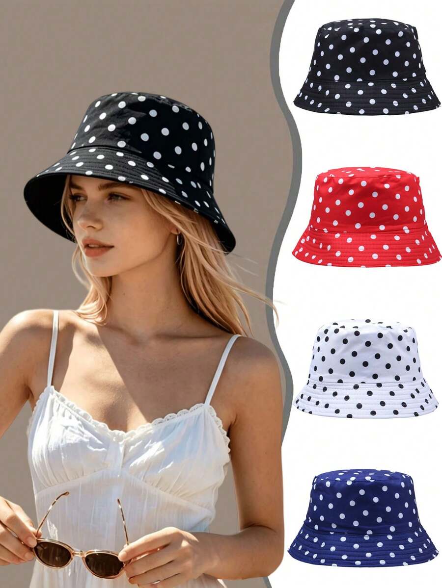 1pc Women's Polka Dot Print Bucket Hat, Wide Brim UV Protection Sun Hat, Suitable For Outdoor Sports And Activities, Beach, Vacation, New Fashion Unisex Sun Protection Foldable Wide Brim Sun Hat, Casual Versatile Bohemian Vintage Elegant Style, Polyester Fabric, Versatile, Beach Sun Hat, Cute Women's Personalized Sun Hat, Suitable For Daily Commute, Shopping, Outdoor Sports, Streetwear, Summer Multi-Functional Sun Hat. - Multicolor - View 1