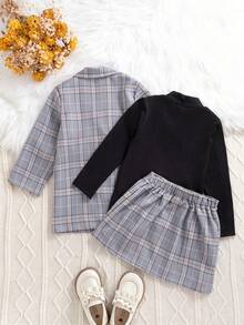 Young Girl 3-Piece Set: Plaid Double-Breasted Rose Blazer, Solid Color Top, And Plaid Mini Skirt, Casual Chic Outfit For School, Outdoor, Commute, And Vacation - Blue - View 3