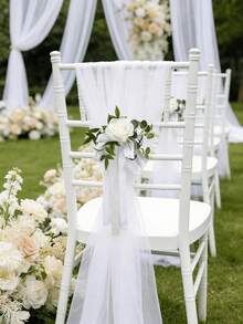 6pcs Rose Flower Wedding Chair Back Decor With Leaves And Ribbon, Wedding Aisle Chair Decorations, Church Chair Bench Decor For Wedding Ceremony - White - View 7