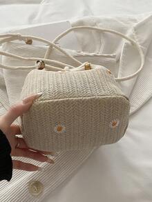 Solid Color Mini Straw Woven Foldable Drawstring Shoulder Bag (Flower Position And Color Randomly Vary) - Khaki - View 12