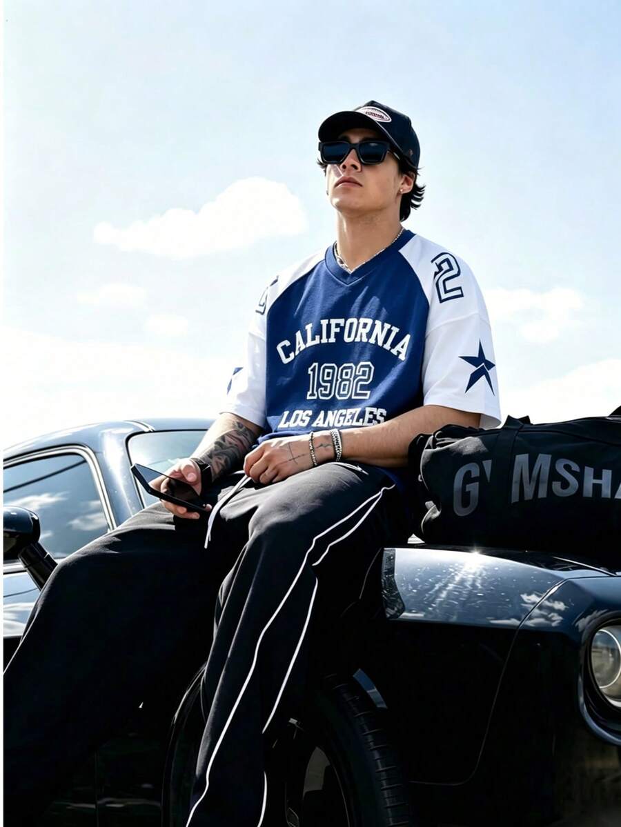 Retro College Style Los Angeles 1982 Letter Print V-Neck Basketball Jersey T-Shirt, Loose Fit Contrast Color Patchwork Short Sleeve Tee For Men - Blue - View 1