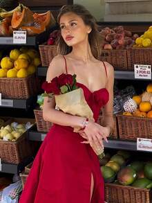 Sexy Women Midi Dress, Corset Bustier Spaghetti Strap Summer Dress With Slit, Floral/Plain Sundress For Vacation Beach Outfit, Party, & Casual Wear - 紅色 - 查看 4