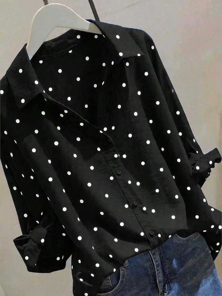 Women's Button-Down Shirt With Tie Cuffs, 3/4 Sleeves With Polka Dots, Versatile For Casual Wear - 黑色 - 查看 1
