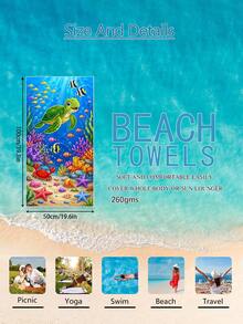 1pc Underwater World Turtle Coral Children's Beach Towel Bath Towel, Microfiber Oversized Beach Blanket, Super Absorbent Bath Towel, Suitable For Travel, Swimming Pool, Diving, Surfing, Yoga, Camping, Multiple Sizes, Beach Accessories, Applicable For Beach, Swimming Pool, Travel, Camping, Yoga - Multicolor - View 12