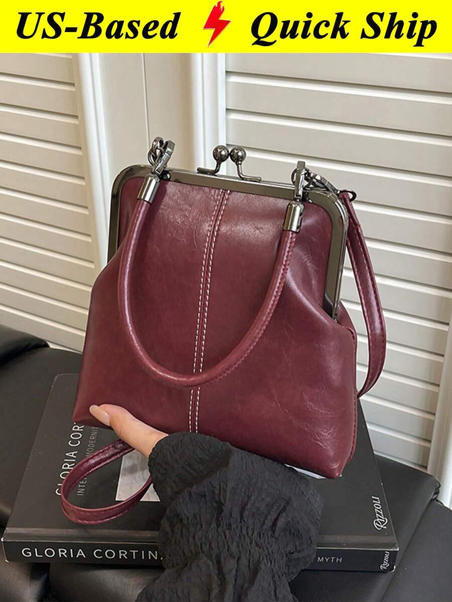 Vintage Faux Leather Crossbody Bag For Women Retro Style Kiss Lock Handbag Fashion Solid Color Lightweight City Crossbody Bag Mom Bag Beach Bag - 彩色 - 查看 1