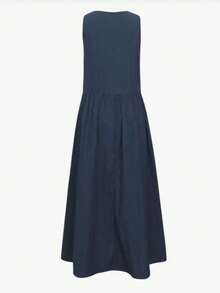 Damen-Maxikleid in Große Größen, ärmellos, mit Rundhalsausschnitt, A-Linie, Taschen, lässiges Slip-Kleid aus gewebtem Stoff, elegant - marineblau - Übersicht 6