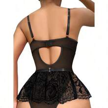 Lilosy Sexy Stocking Rhinestones Heart Garter Underwire Floral Mesh Lace Sheer Babydoll Lingerie Teddy Bodysuit Skirt Set - 花卉黑 - 查看 2