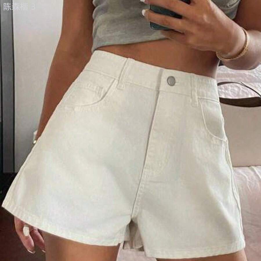 yonghongmaoyi1 Shorts vaqueros negros holgados y casuales para mujer, nuevos shorts de verano - Beis - Ver 1