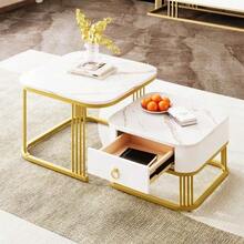 Stackable Coffee Table: Glossy Marble Look, Gold Details, Side Table With Drawers. Set Of Two Pieces. - White - View 2
