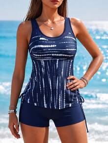 Traje de baño tipo tank azul marino con estampado para mujer para vacaciones de verano - Azul Marino - Ver 1