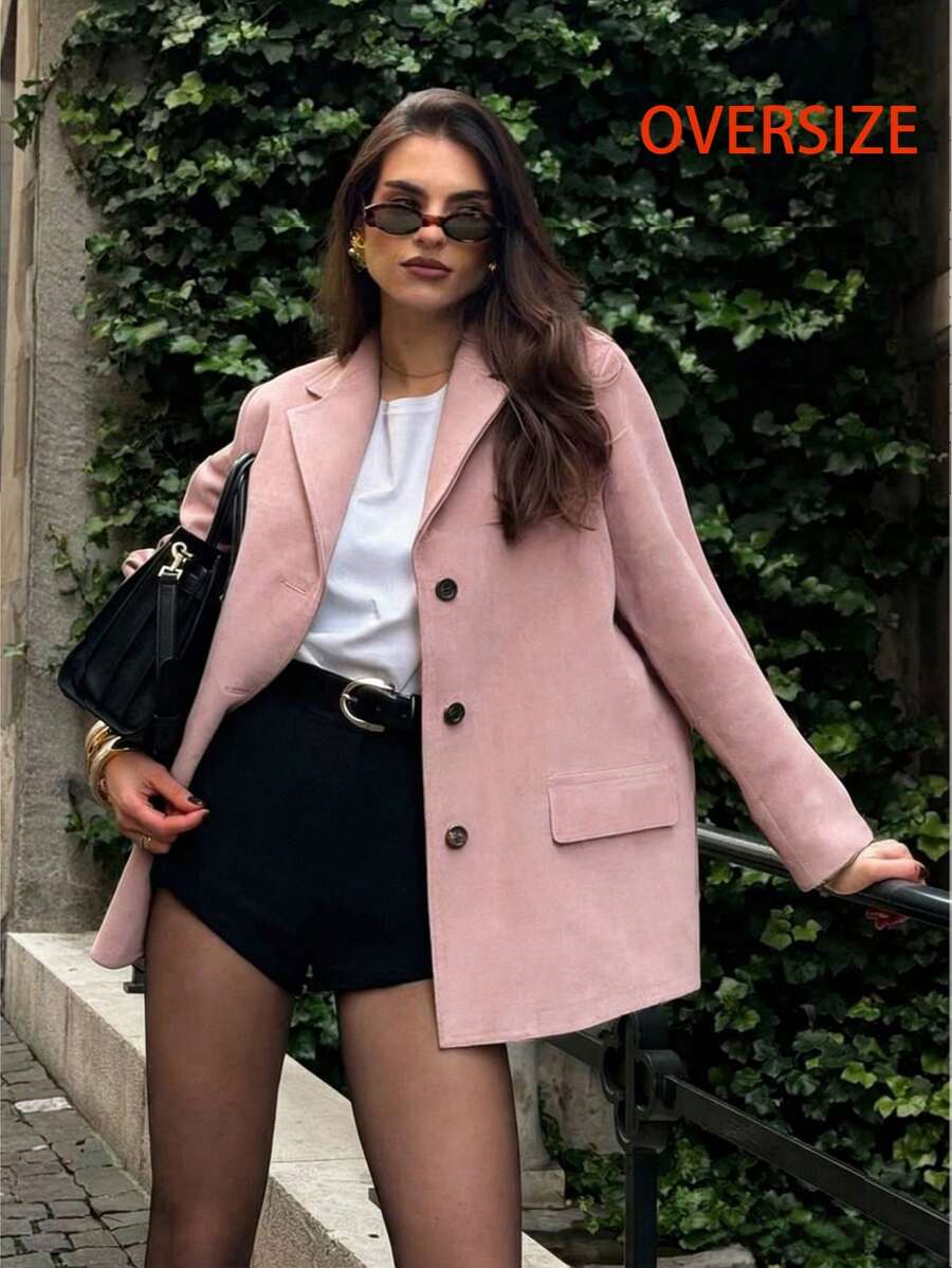 French Elegant Women's Fashion Long Sleeve Suede Loose Blazer, Autumn/Winter Stylish Jacket, Women's Office Commuter Jacket, Casual Jacket, Summer Commuter Jacket, Women's Blazer, Pink Jacket - Pink - View 1