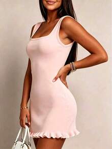 Summer Casual Lemon Yellow Ribbed Knit Fitted Mini Dress, Ruffle Hem, Elegant Women's Sleeveless Square Neck A-Line Dress, Suitable For Party,Vacation - Baby Pink - View 6