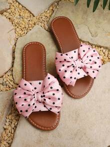 Sandales pour femmes style européen et américain avec décoration de grand nœud à pois, pois roses, mode d'été polyvalente décontractée plate pour la maison, les vacances et la plage - Rose pâle - Voir 6