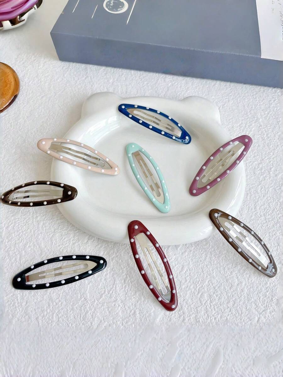 8/4pcs New Minimalist Oval Polka Dot Hair Clips, Basic Side Bangs Clips, Casual Solid Color Hair Accessories, Summer, Vacation, Travel Claw Clips - Multicolor - View 1