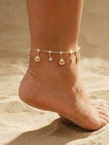 Summer Beach Vacation Style Gold Shell Pendant Anklet, Ethereal Rhinestone Tassel Ankle Chain, Beach Photo Accessory - Gold - View 2