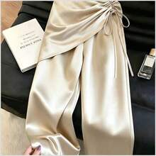 Pantalones rectos de mujer de tela de satén con pliegue delantero y decoración de nudo, adecuados para ir al trabajo, uso diario en primavera/verano - Caqui - Ver 5