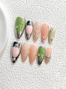 10pcs Avant-Garde Handmade Press-On Nails, Polygel Nail Art Set, Line Art Design, Yellow And Brown Nail Polish, Casual Style, Includes Nail Tools, 3 Sizes Available, Almond/Duck/Coffin Shape, Suitable For Party, Dancing, Daily Wear - Multicolor - View 3
