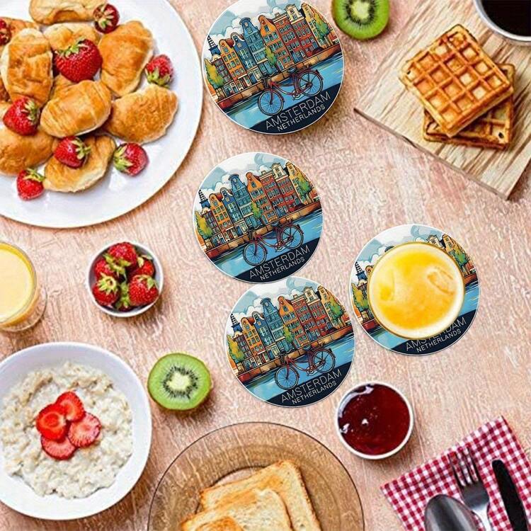 Miếng lót ly Amsterdam Hà Lan, miếng lót ly tròn 4 inch thấm hút, thiết kế kênh đào & xe đạp Hà Lan cho bàn, dùng cho nhà, văn phòng, quán bar - Nhiều màu - Xem 7