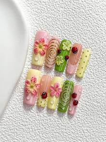 10片裝可愛風手工穿戴甲，Polygel美甲套組，波浪與圓點設計，粉色、綠色與黃色，甜美風格，3種尺寸可選，杏仁甲、鴨嘴甲、棺材甲，適合派對、舞蹈、日常配戴 - 彩色 - 查看 18