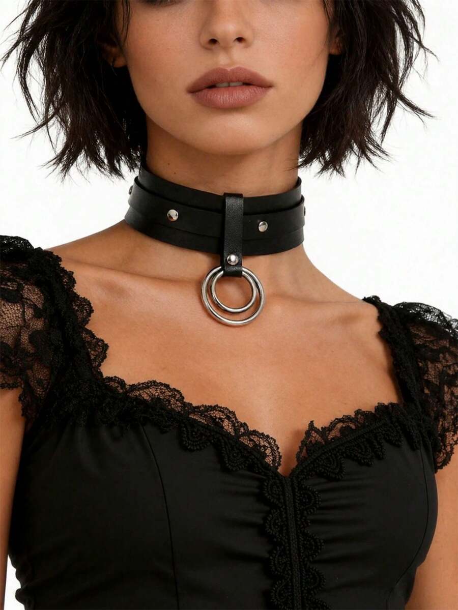 1pc Women PU Leather Neck Ring,Goth Punk Choker Style Accessories,For Cosplay Decorative Necklace Festival Date Party - Black - View 1