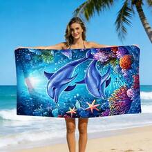 1pc Realistic 3D Dolphin Print Microfiber Beach Towel, Quick Dry Sand Resistant Super Absorbent Swimming Towel, Large Rectangle Beach Blanket For Summer Vacation Pool Travel Camping Bath Use - Multicolor - View 2