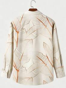 Gold Foil Plant Leaf Gradient Digital Print Men's Plus Size Button Pocket Long Sleeve Hawaiian Shirt - Apricot - View 2