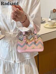 Wavy Shell Bag, Bohemian Style, Color Block Patchwork Versatile Fashion Women's Handbag, Suitable For Vacation, Shopping And Dating - Pink - View 5